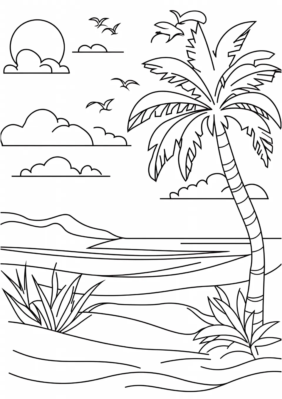 Seasonal coloring sheet featuring a curved palm tree by the water, with a sun, clouds, birds, and grasses
