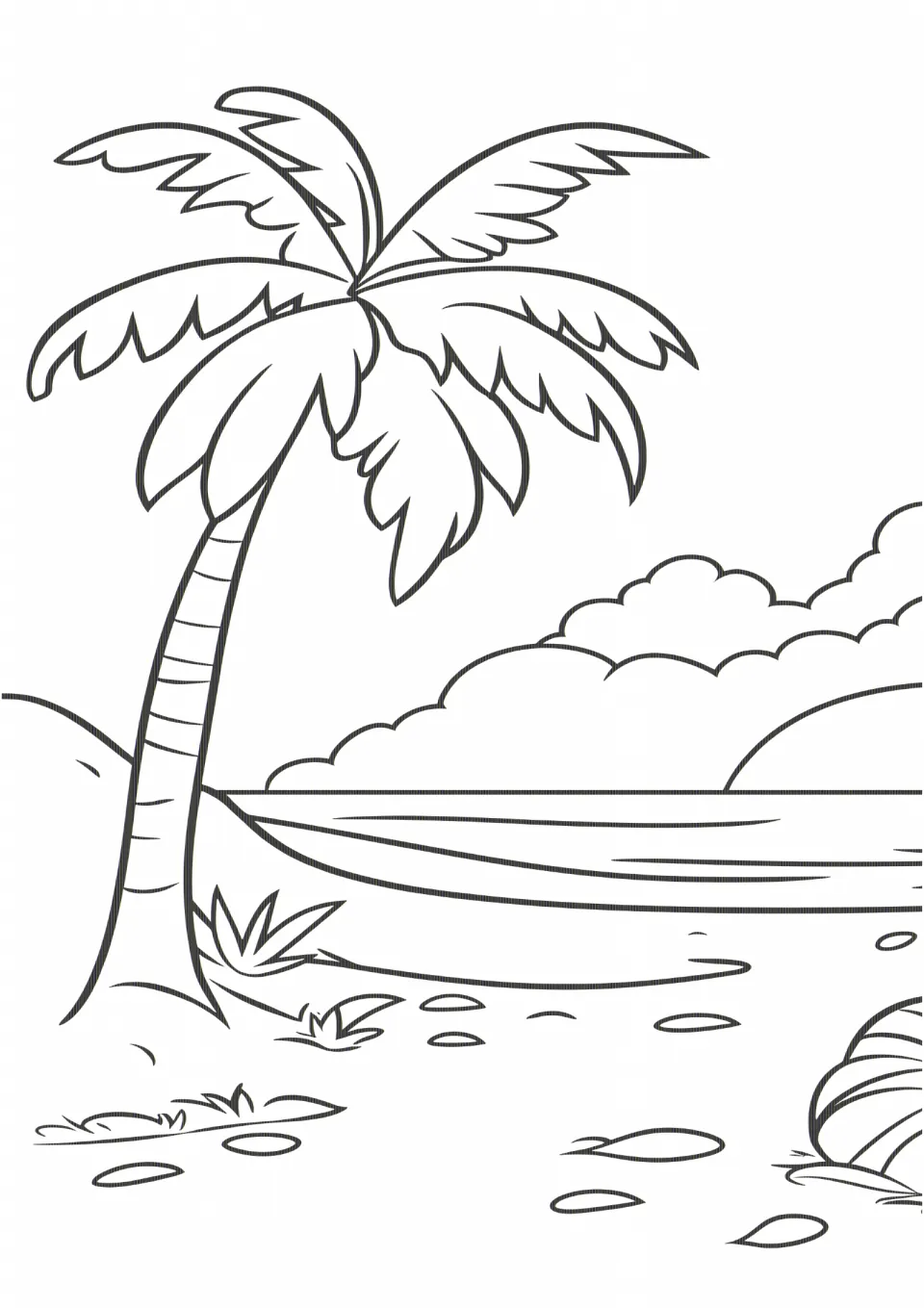 Seasonal coloring sheet featuring a large palm tree on a rocky beach beside calm water and distant hills
