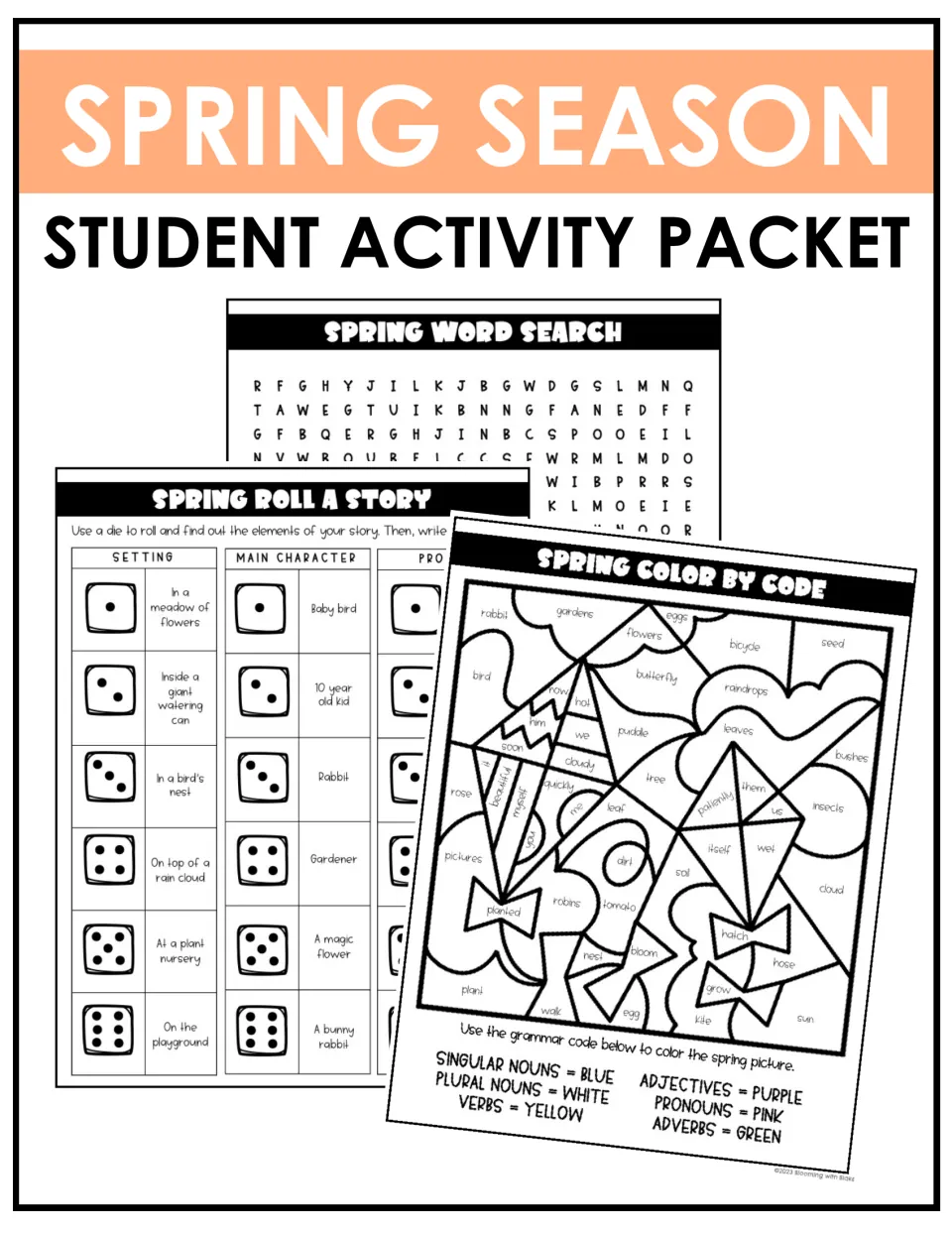 Spring Season Student Activity Packet cover showing a word search, roll a story chart and grammar color by code page