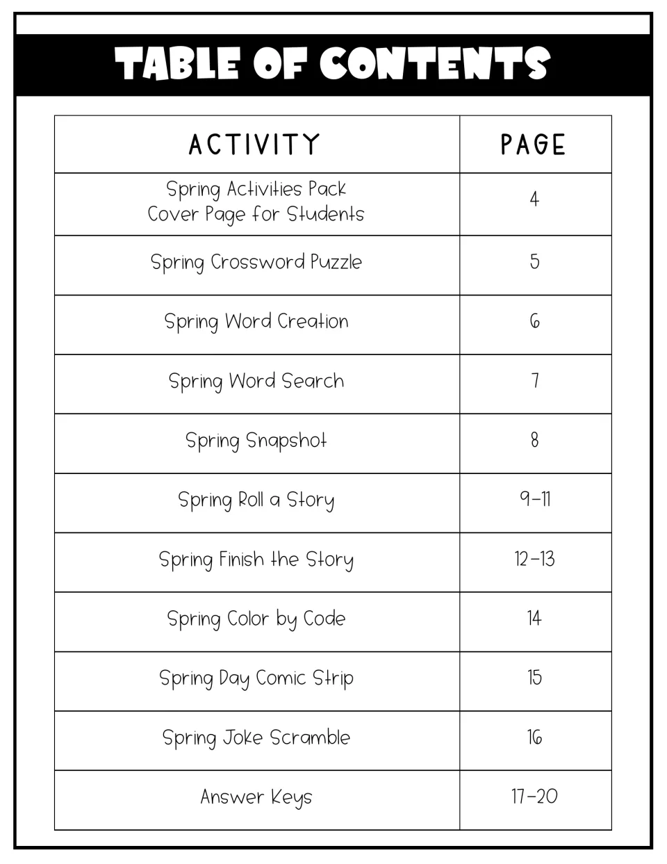 Table of contents listing the spring activities, from crossword and word search to comic strip, with answer keys on 17-20