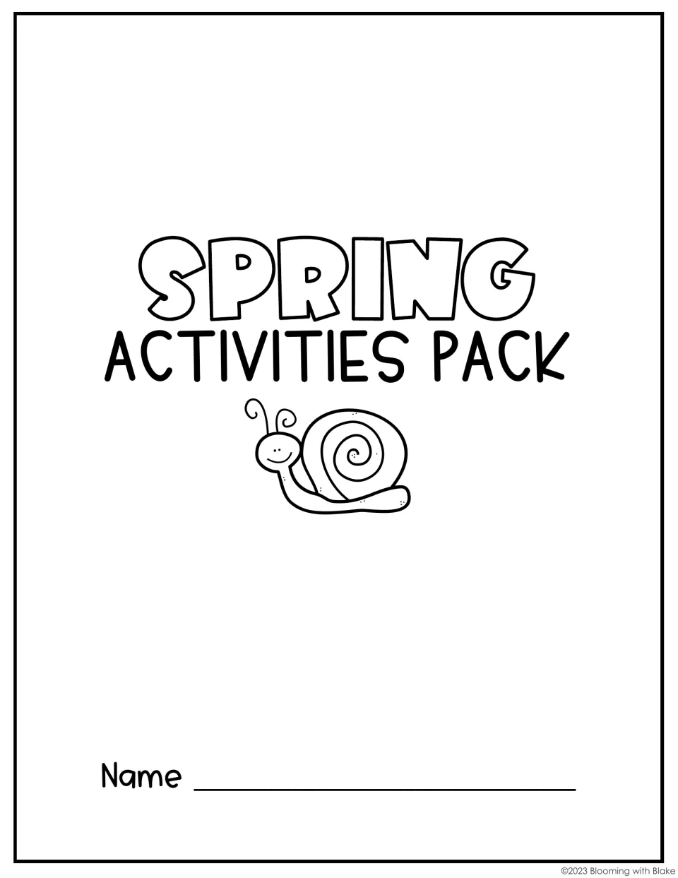 Spring Activities Pack student cover with a snail drawing and a name line for students to personalize their booklet