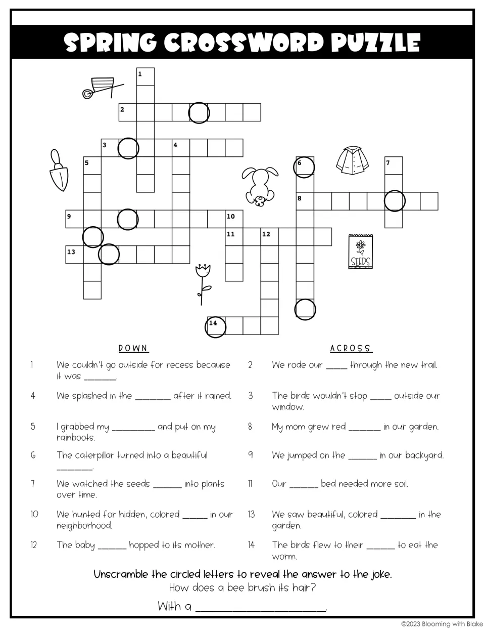 Spring crossword: students complete 14 sentence-clue words, then unscramble circled letters to answer a bee joke