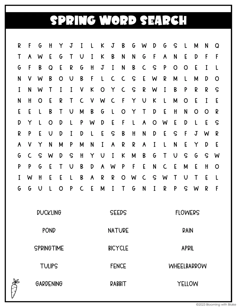 Spring word search: students find 15 words such as duckling, tulips, wheelbarrow and bicycle in a letter puzzle