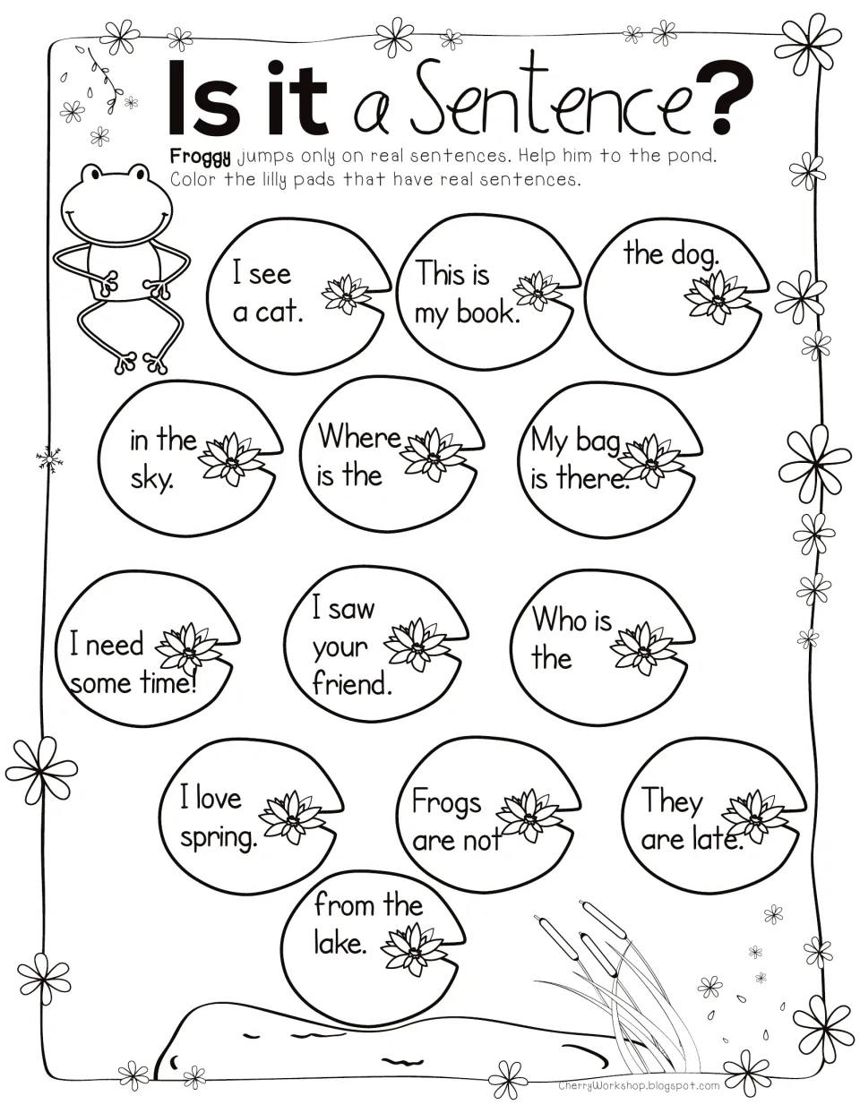Sentence reading worksheet: color lily pads with complete sentences, including 'I see a cat' and 'This is my book'.