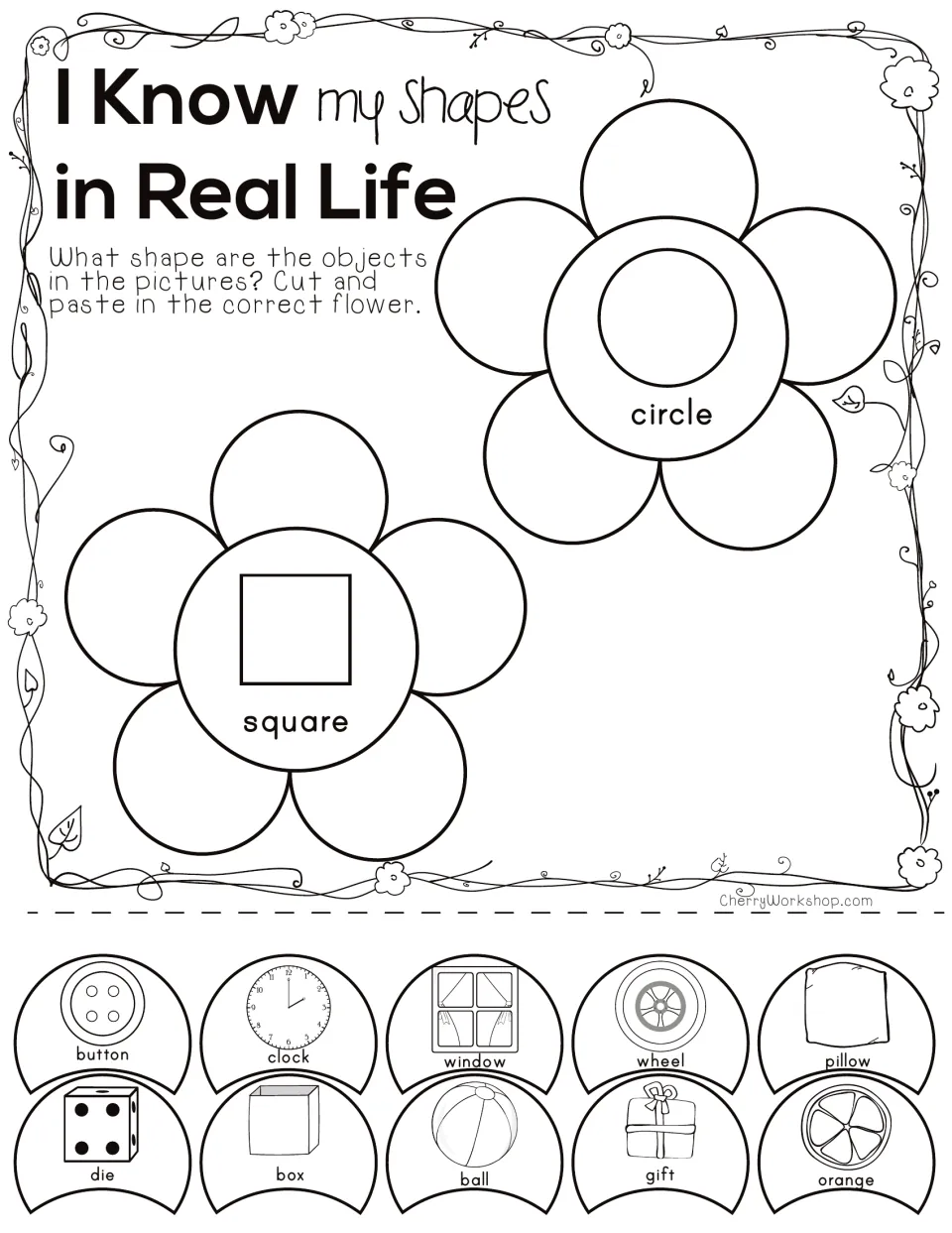 Circles and squares in real life: students cut out 10 picture petals like clock, die and gift and paste on the right flower