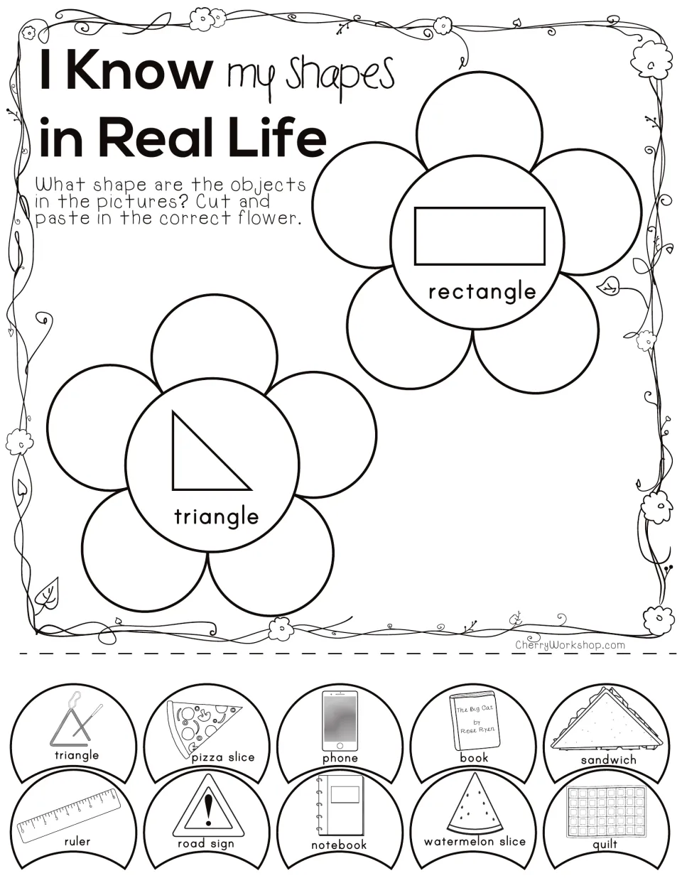Triangles and rectangles: students cut out petals like pizza slice, ruler and road sign and glue on the matching flower