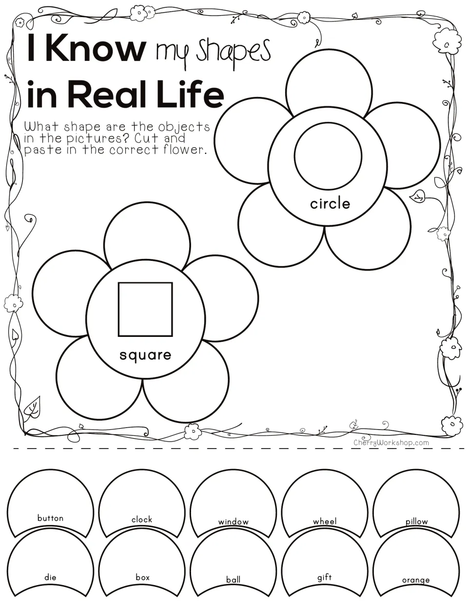 Circle and square sort with word-only petals (button, clock, window, ball, orange) for students to cut and paste by shape