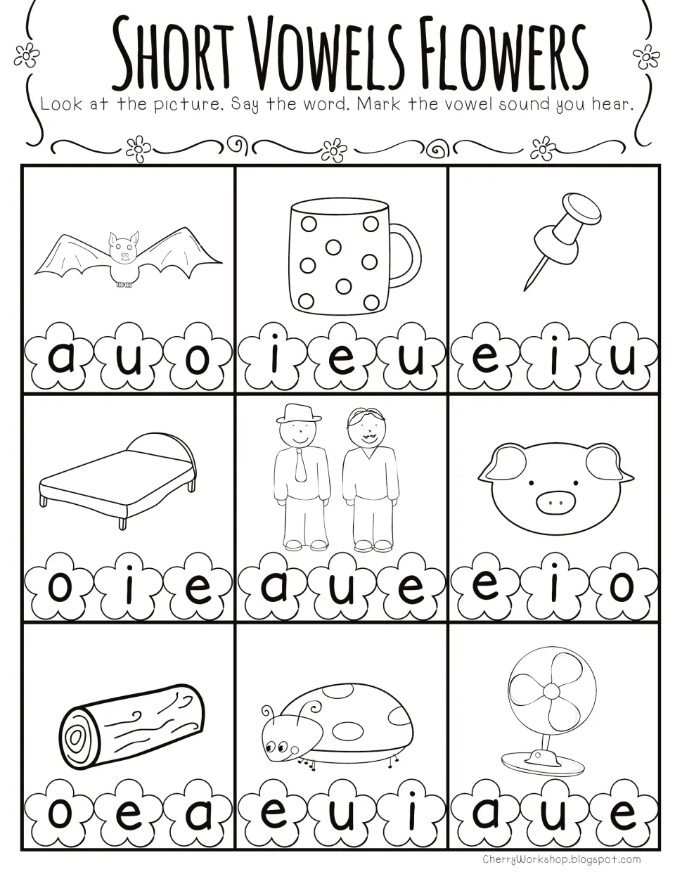 Short vowel practice: identify the middle sounds in bat, mug, pin, bed, men, pig, log, bug, and fan.