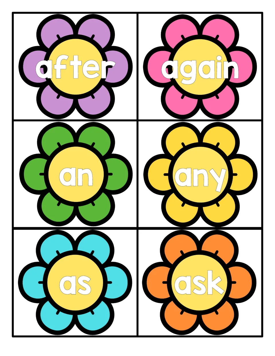 Sight word flower cards: after, again, an, any, as and ask on six colored flowers for students to cut apart and read