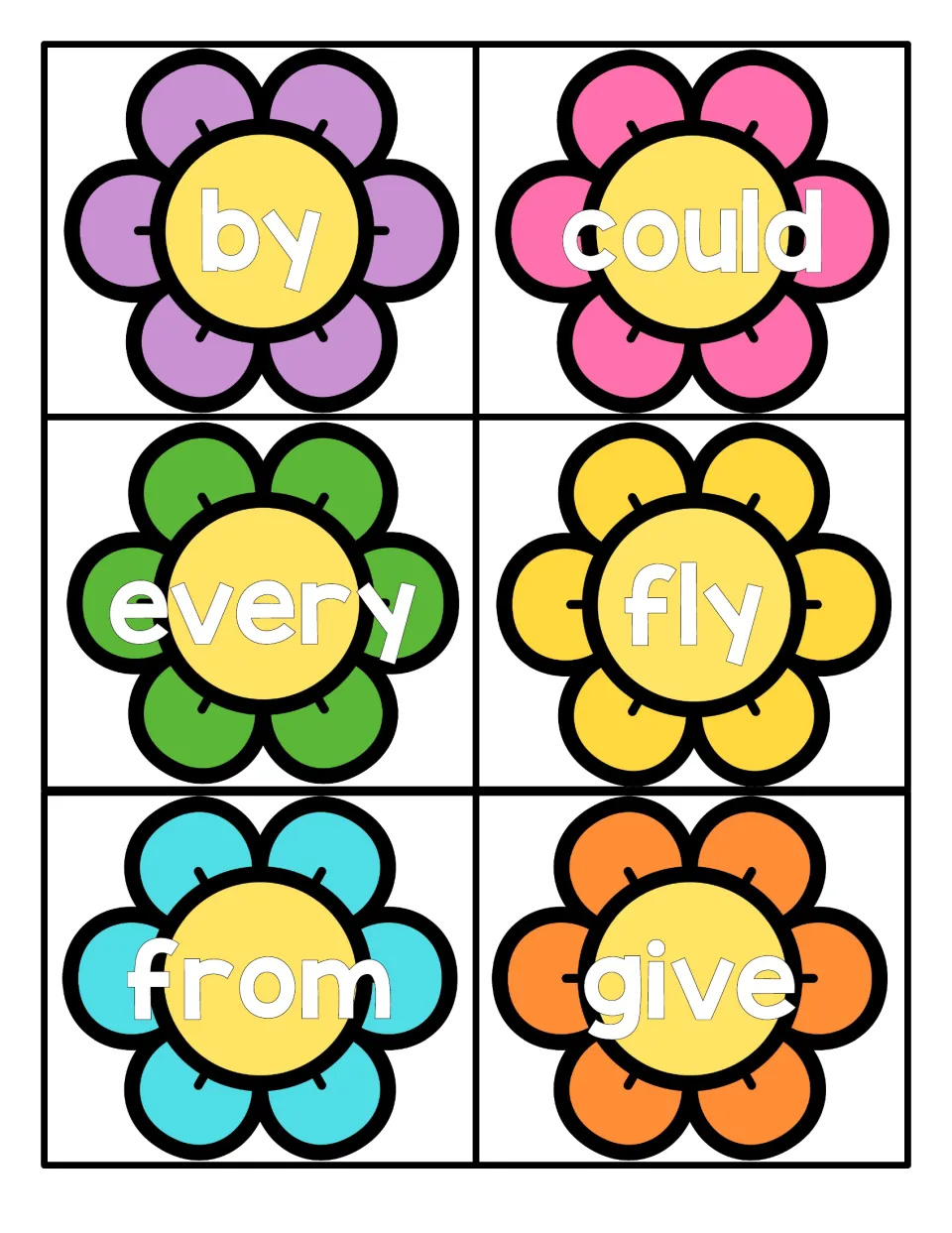 Flower flashcards showing by, could, every, fly, from and give in white letters for word recognition practice