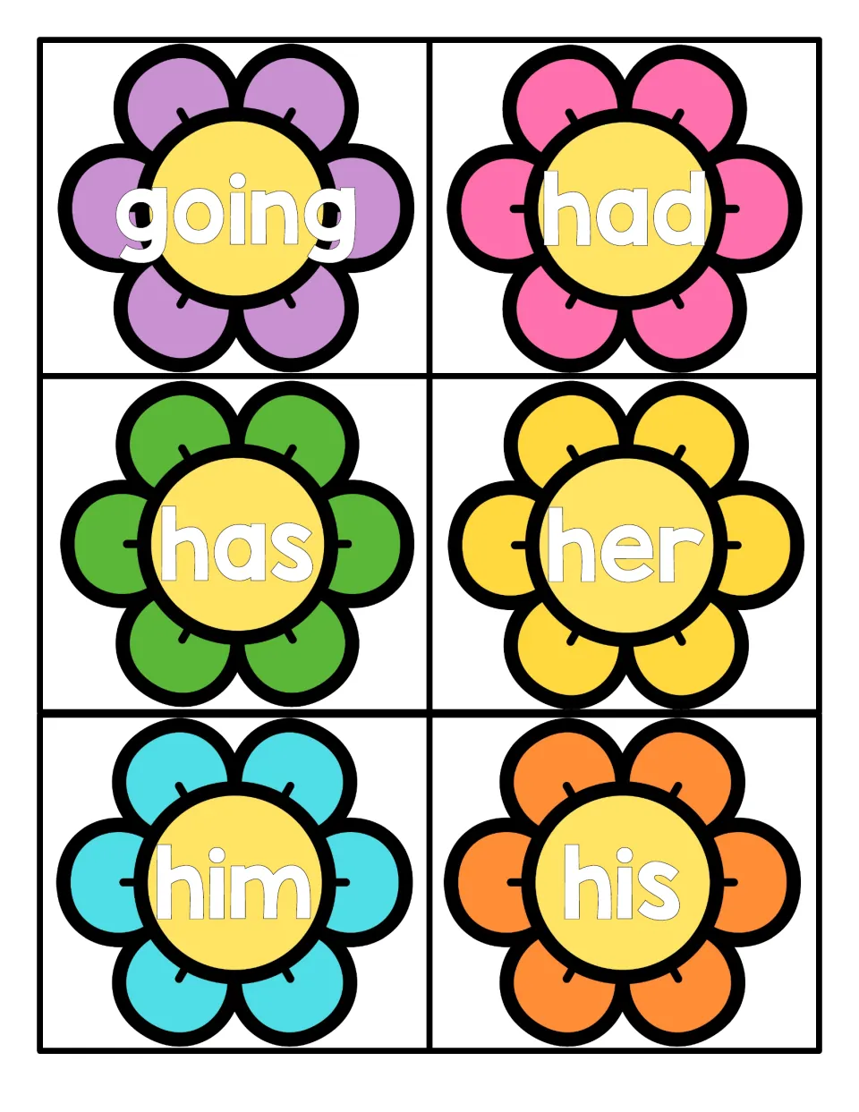 High-frequency word flowers for going, had, has, her, him and his, cut into cards for reading the words on sight