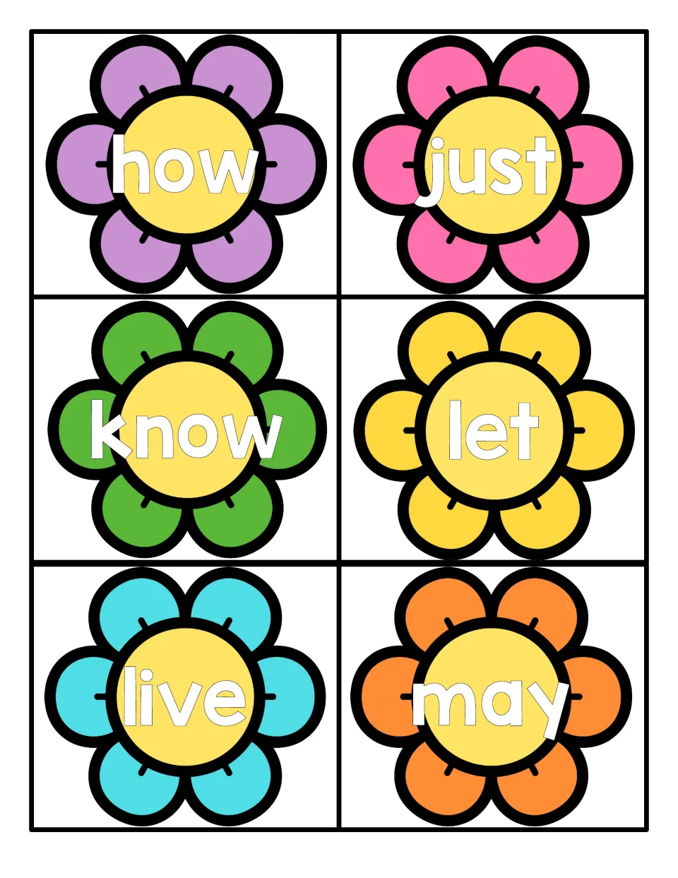 Spring flower cards with how, just, know, let, live and may for students to read aloud as quick sight word review