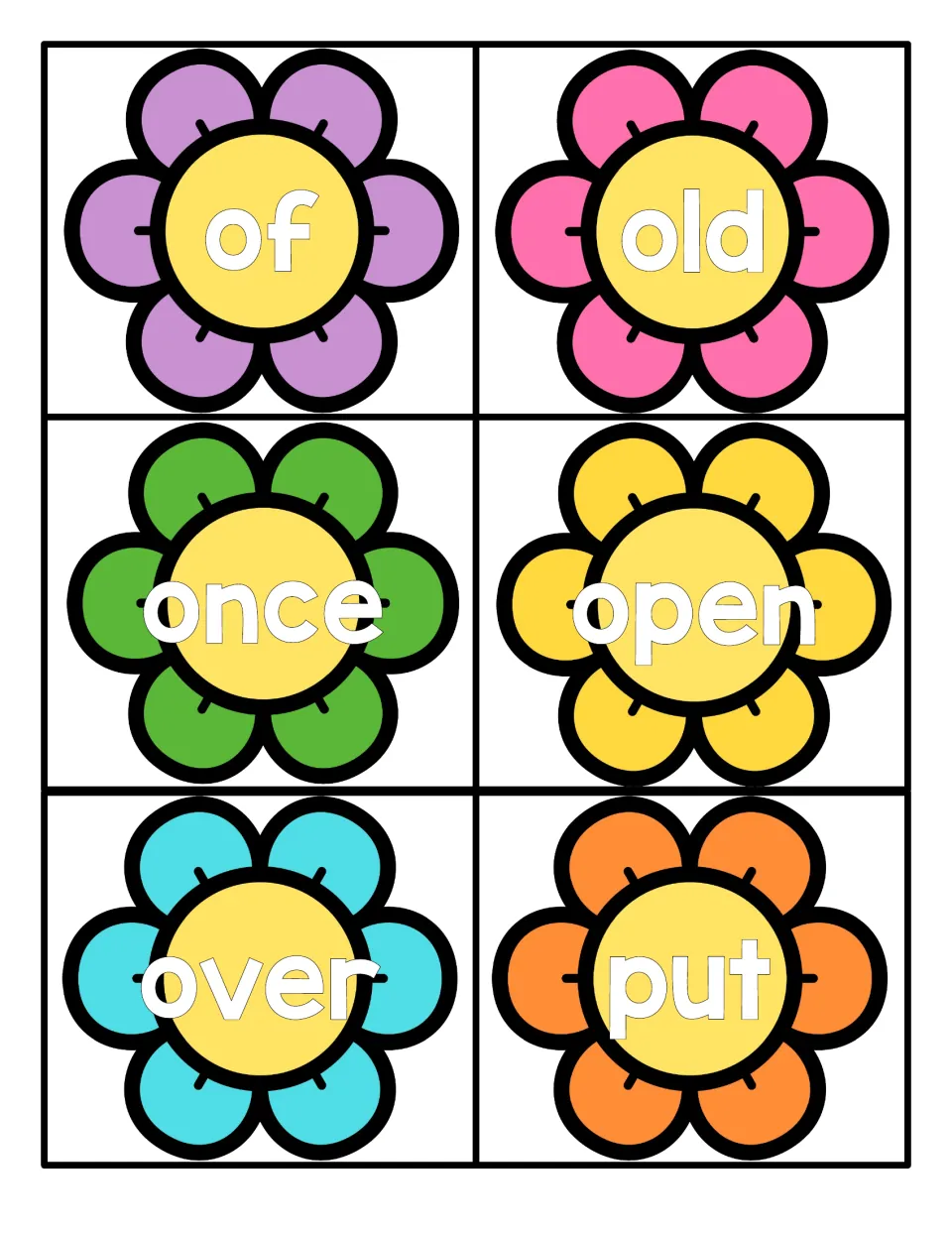 Flower word cards for of, old, once, open, over and put, each word on a yellow flower center for instant recognition