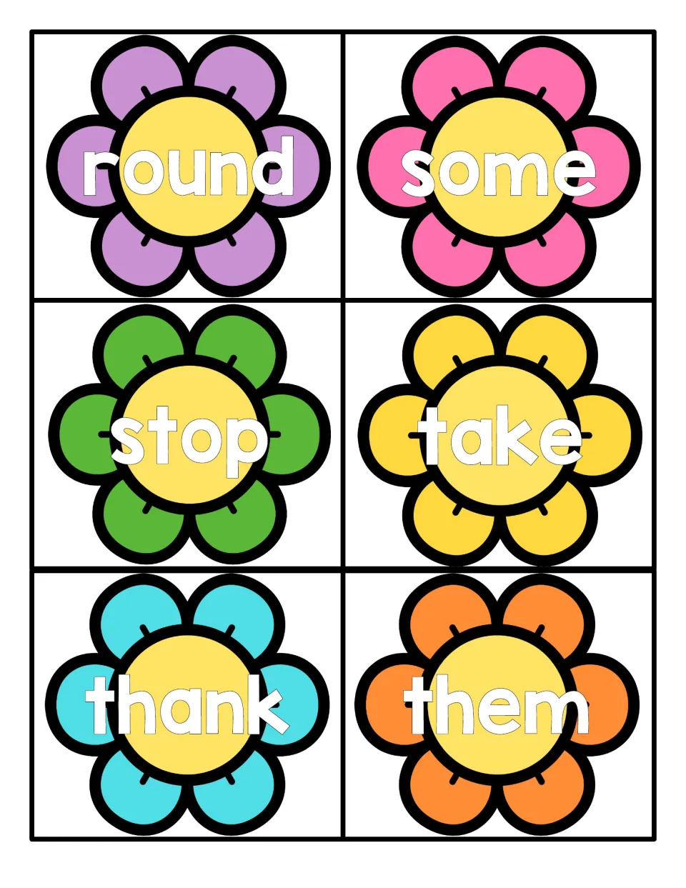 Sight word flowers reading round, some, stop, take, thank and them, printed six per sheet to cut out as flashcards