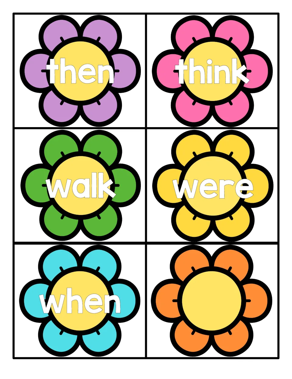 Final flower cards with then, think, walk, were and when, plus one blank flower for writing an extra word to practise