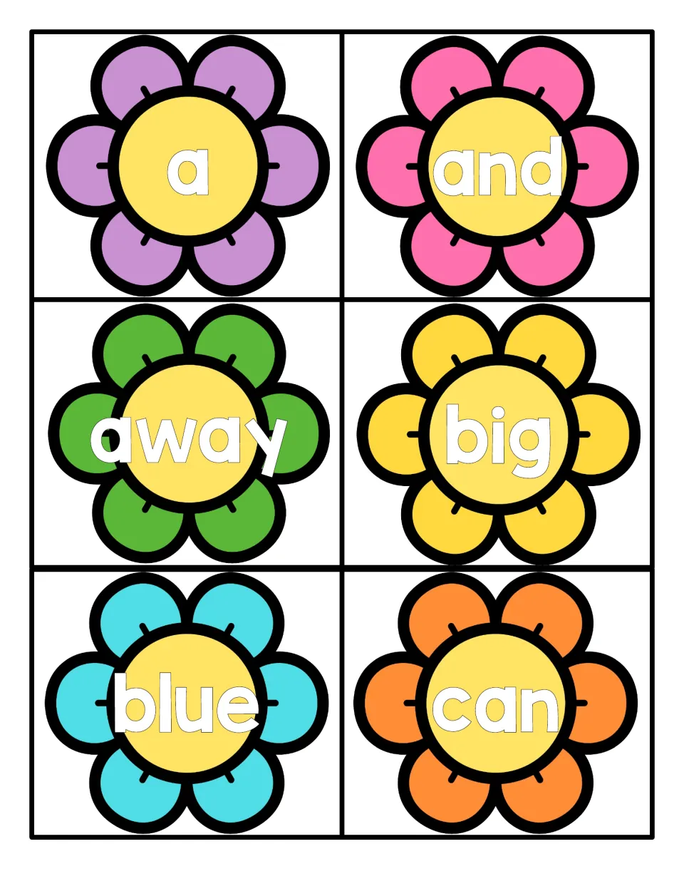 Pre-primer sight word flower cards for a, and, away, big, blue and can, each word in the yellow center of a colored flower