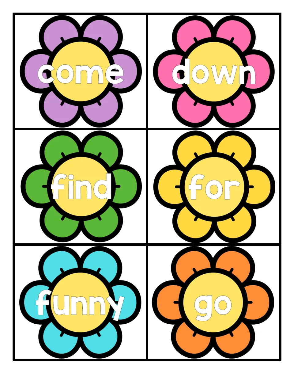 Flower word cards for come, down, find, for, funny and go: students read each high-frequency word on a spring flower