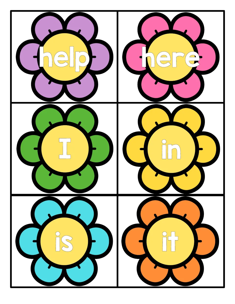Sight word flowers for help, here, I, in, is and it: students read each word in white letters on a yellow flower center