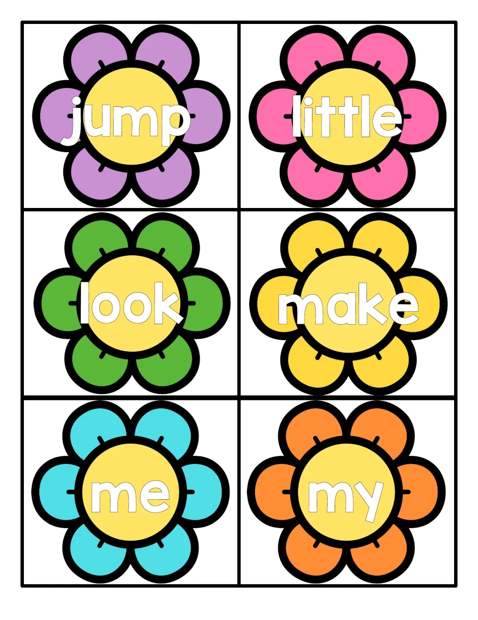 Spring flower cards with the words jump, little, look, make, me and my for practising instant recognition of common words