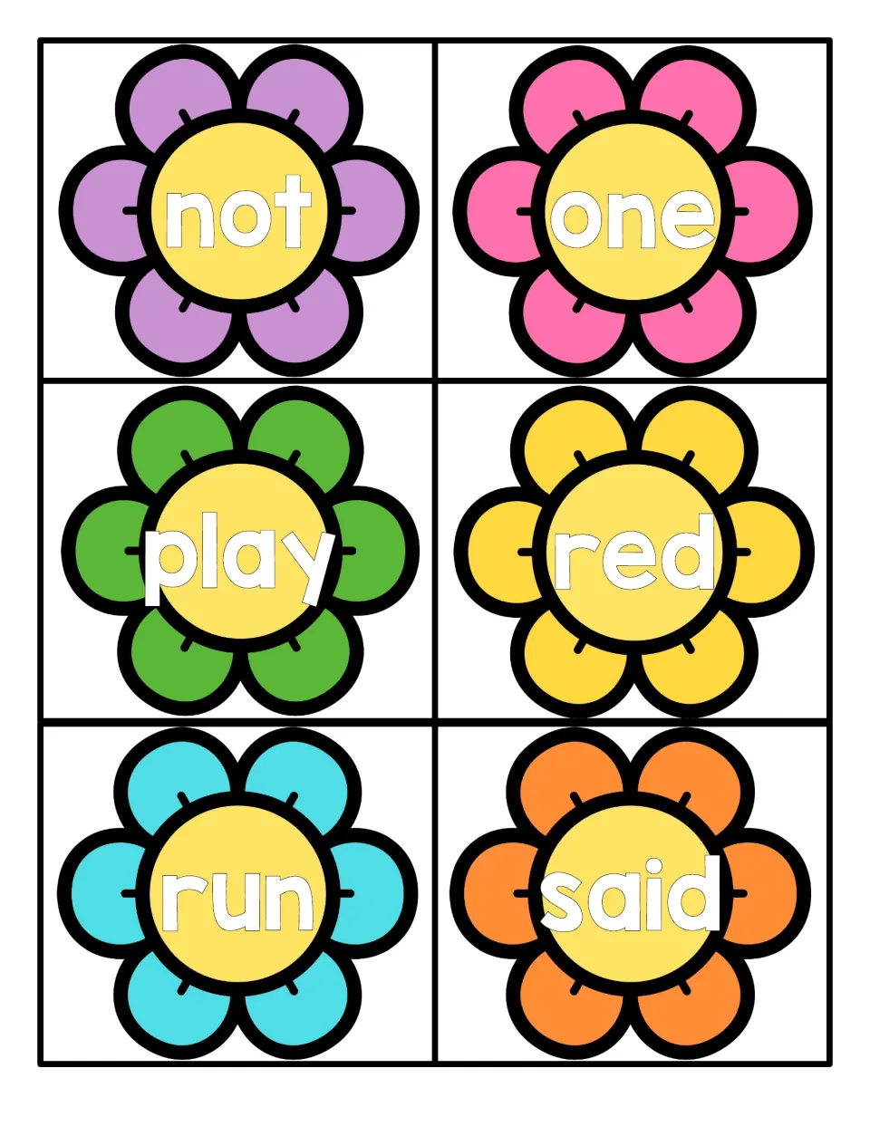 Word recognition cards for not, one, play, red, run and said, each word printed across the center of a bright flower