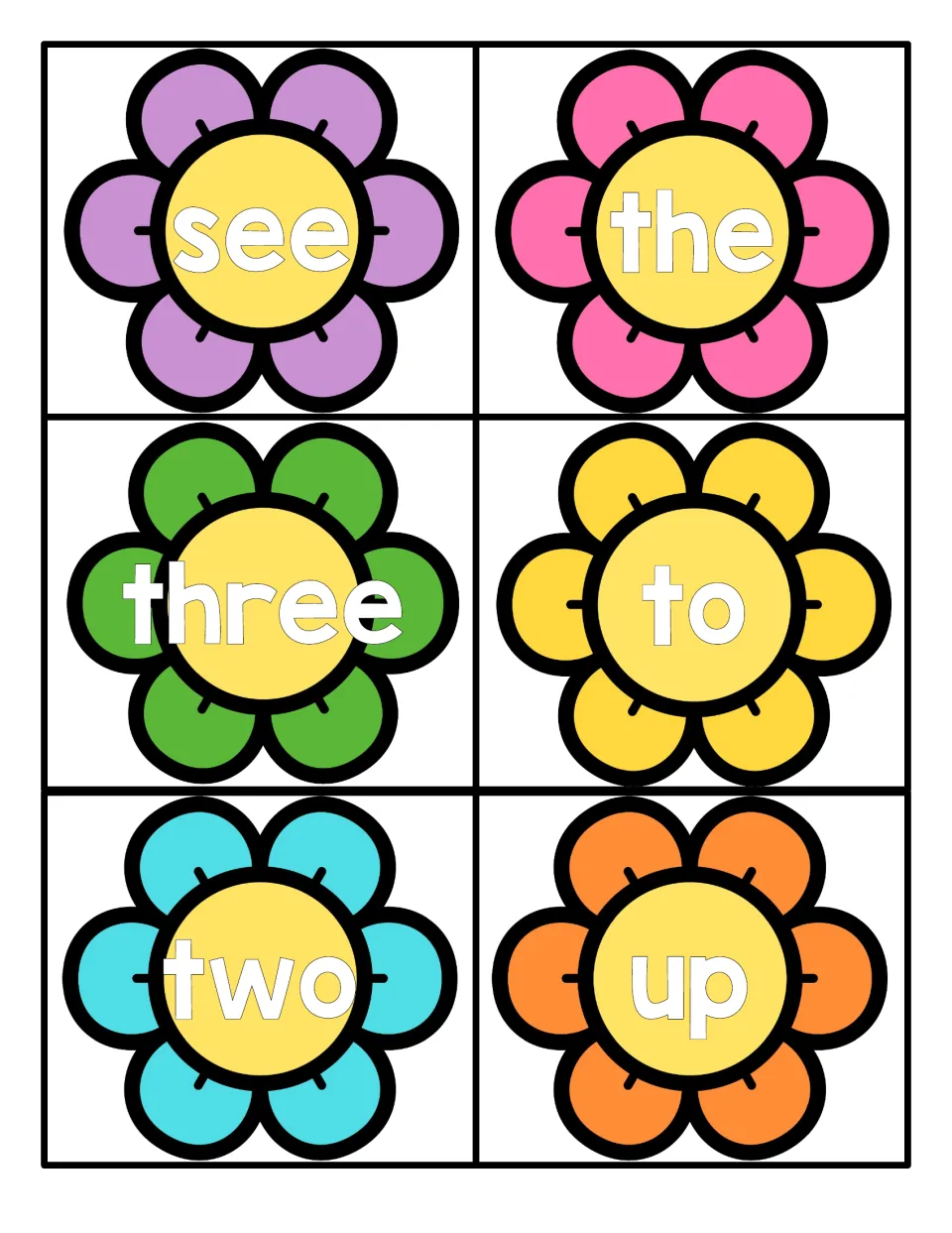 Flower flashcards for see, the, three, to, two and up: students read each word, including the number words three and two