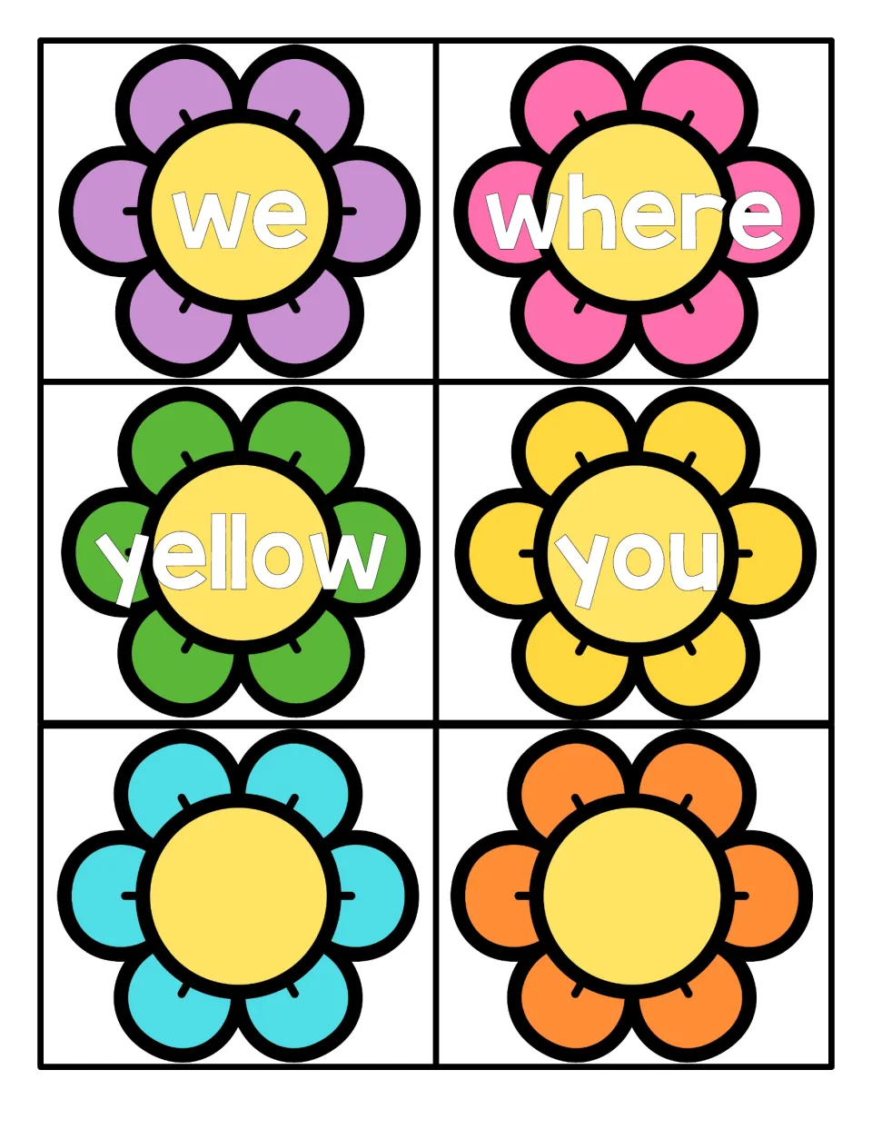 Final flower cards for we, where, yellow and you, plus two blank flowers left empty for writing additional words
