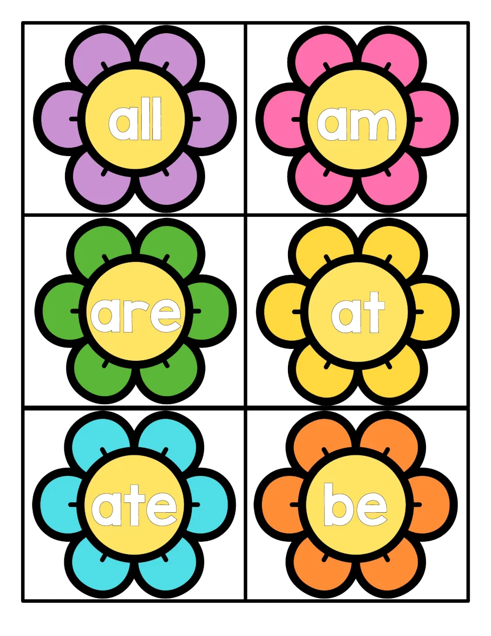 Spring sight word flower cards: students read all, am, are, at, ate and be, each word printed on a colorful flower