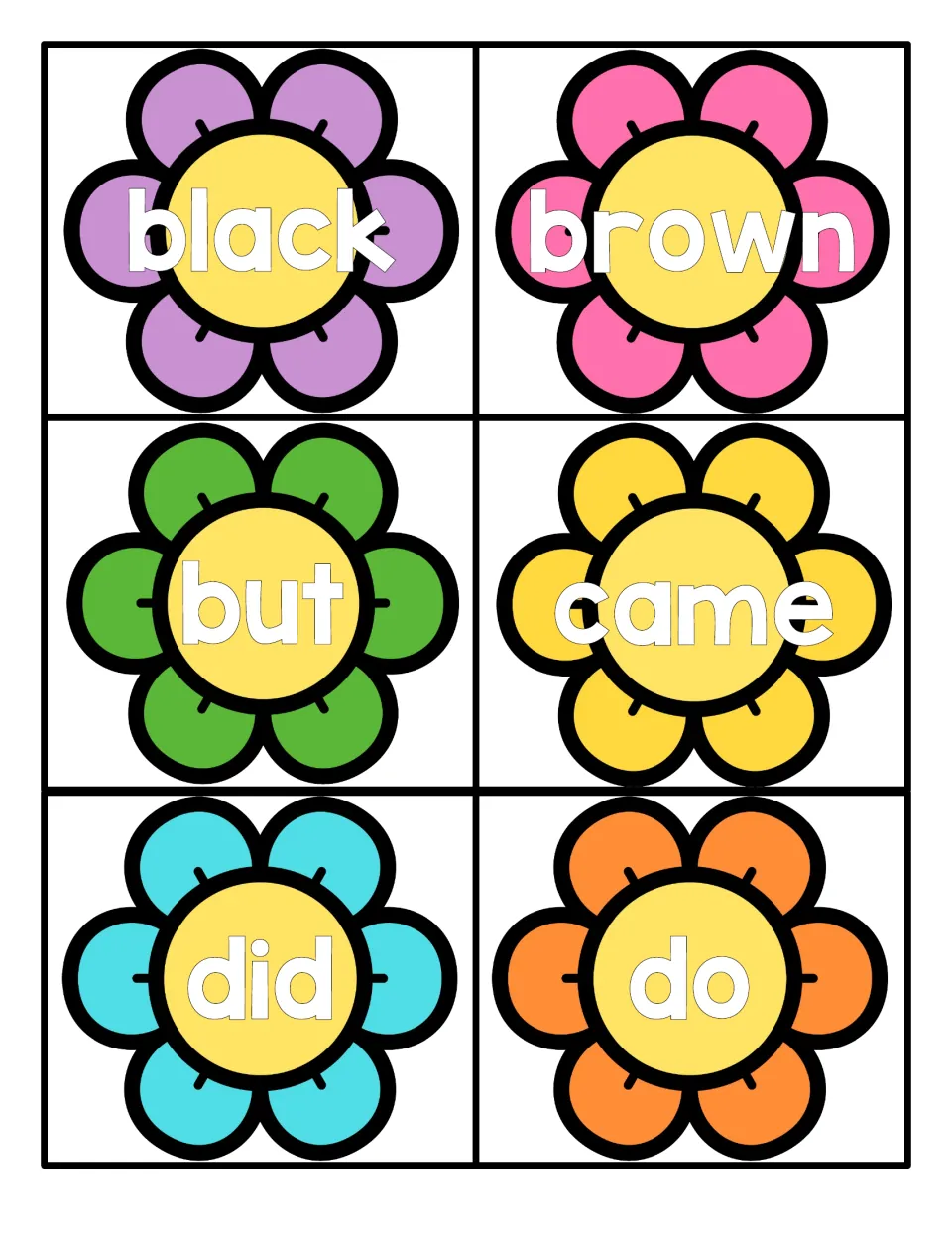 Sight word flashcards on spring flowers for reading black, brown, but, came, did and do in a quick recognition drill