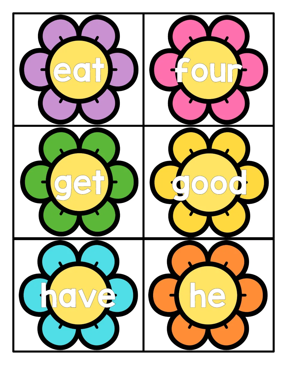 Flower sight word cards with eat, four, get, good, have and he for students to read aloud and practise word recognition