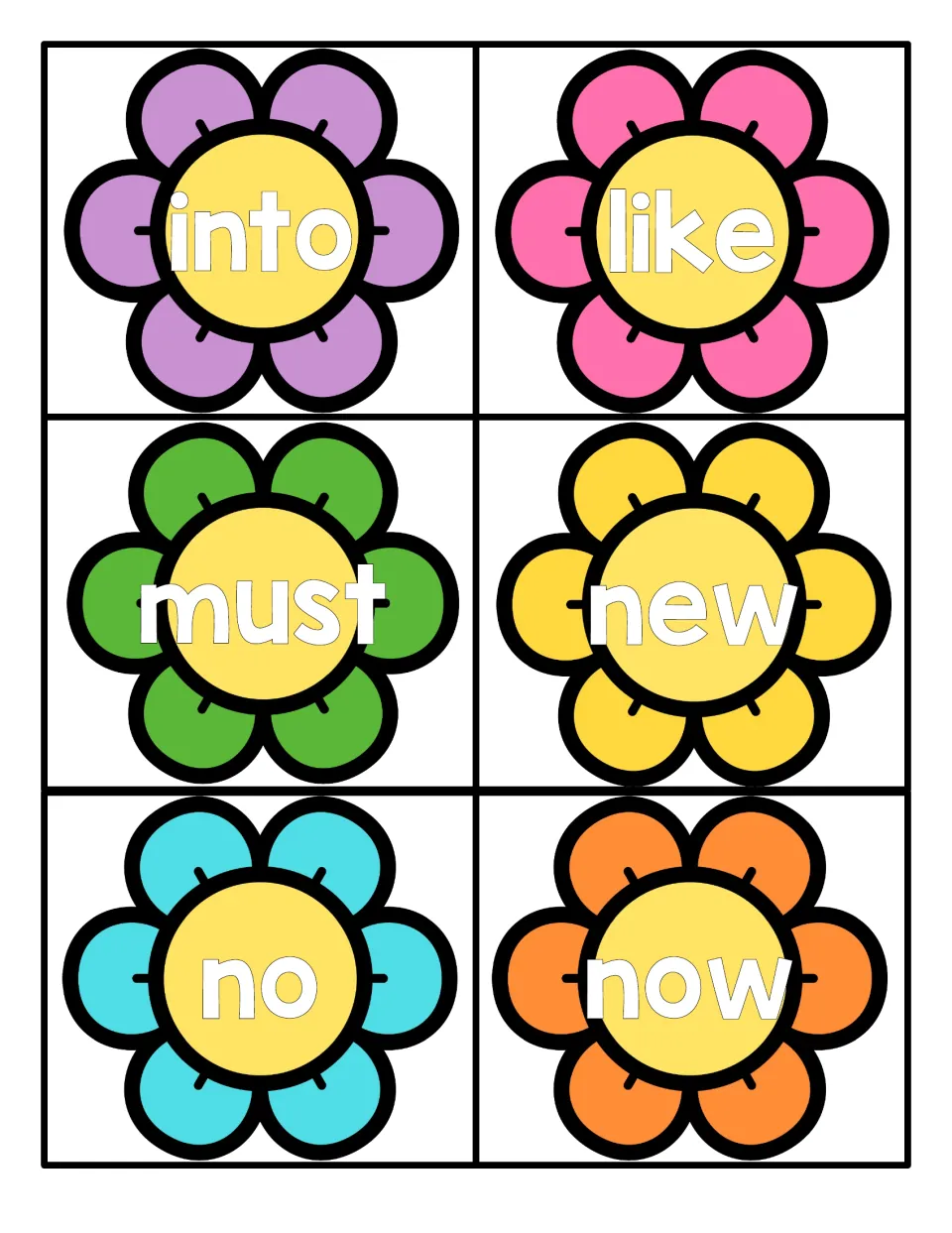 Sight words into, like, must, new, no and now on six bright flower cards for students to read and recognise by sight