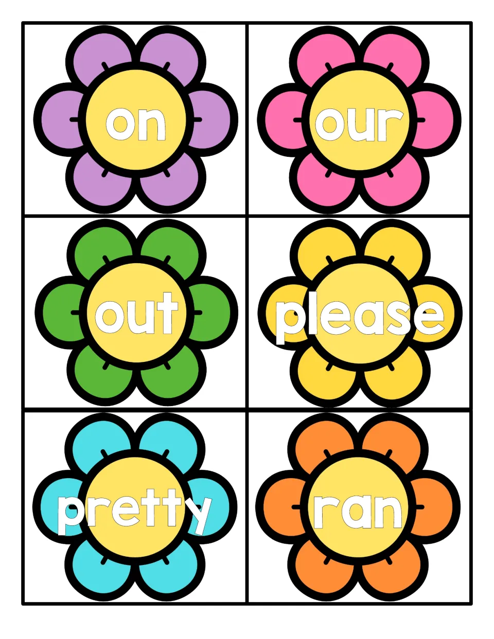 Flower flashcards for sight word reading: on, our, out, please, pretty and ran, one word in the center of each flower