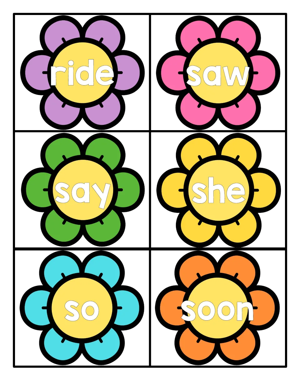 Spring flower cards with the sight words ride, saw, say, she, so and soon for students to read and practise quickly