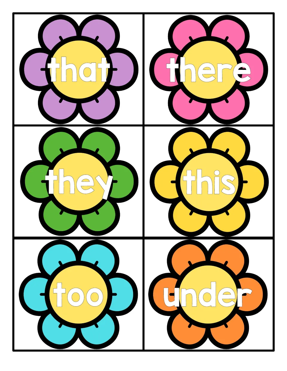 Sight word practice on flowers: students read that, there, they, this, too and under, one word per flower card