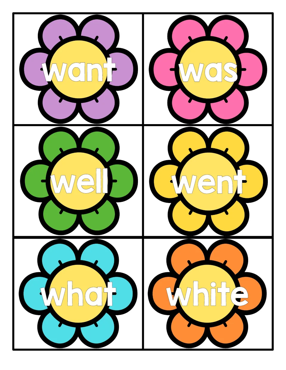 Flower sight word cards for the w- words want, was, well, went, what and white, each printed in white letters to read