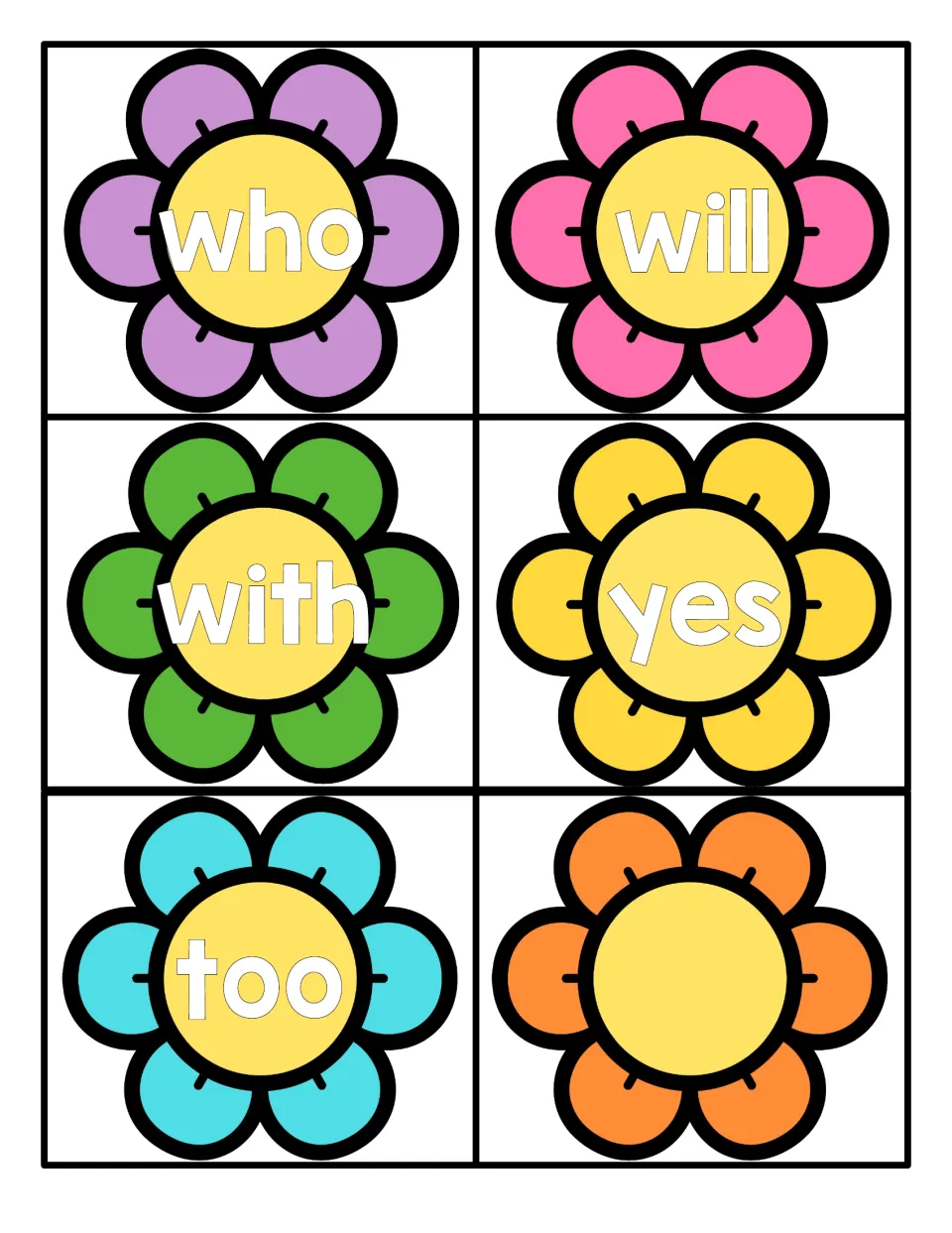 Last set of flower sight word cards: who, will, with, yes and too, plus one blank flower card with no word printed