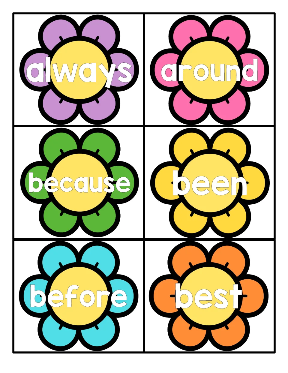 Spring sight word flash cards: flower cards to read, always, around, because, been, before and best, for word recognition