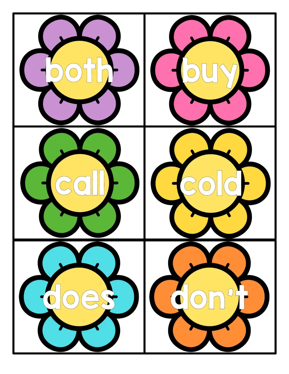 Sight word flower cards for reading practice with the words both, buy, call, cold, does and don't printed on each flower