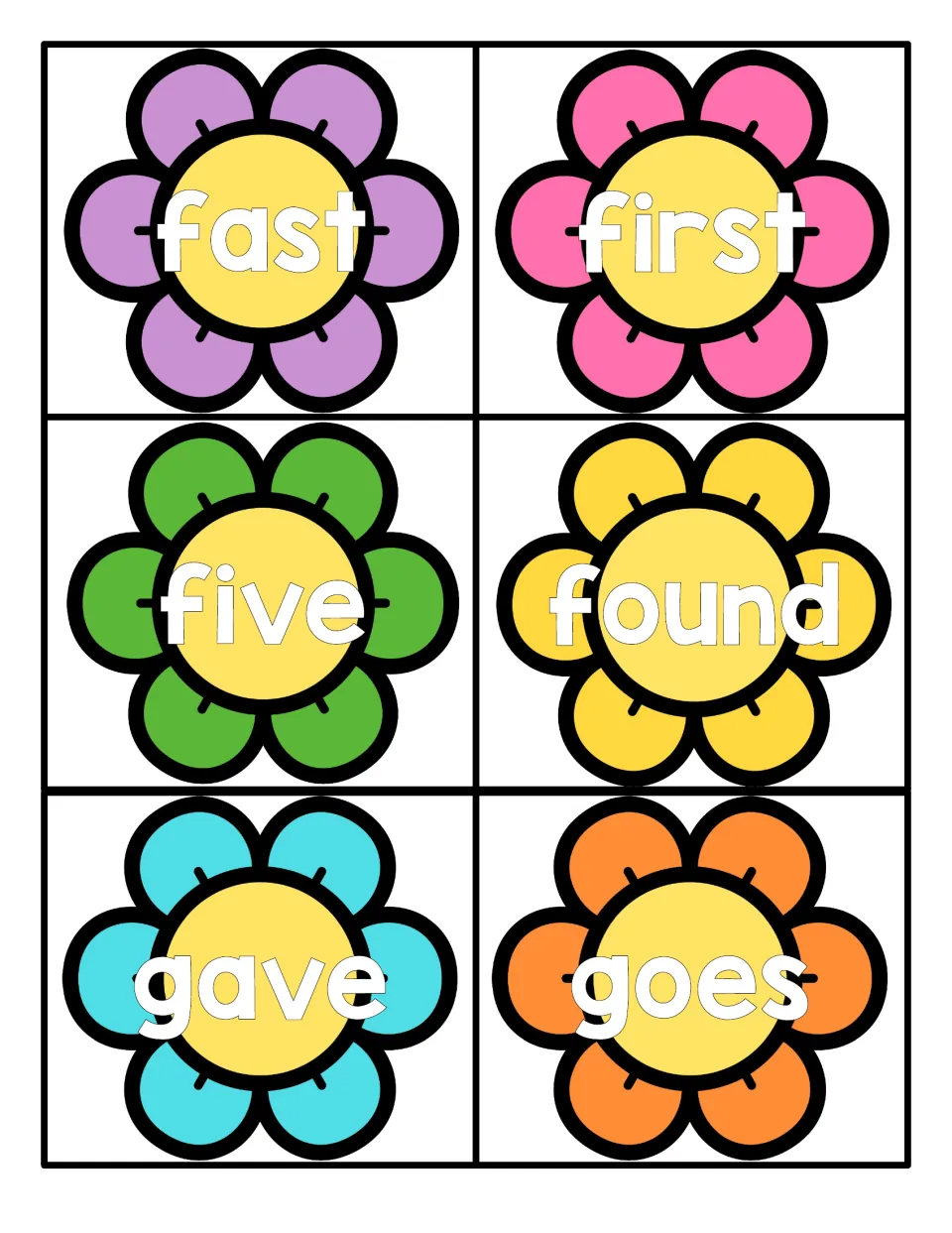 Flower flash cards for sight word reading: fast, first, five, found, gave and goes, one word on each spring flower