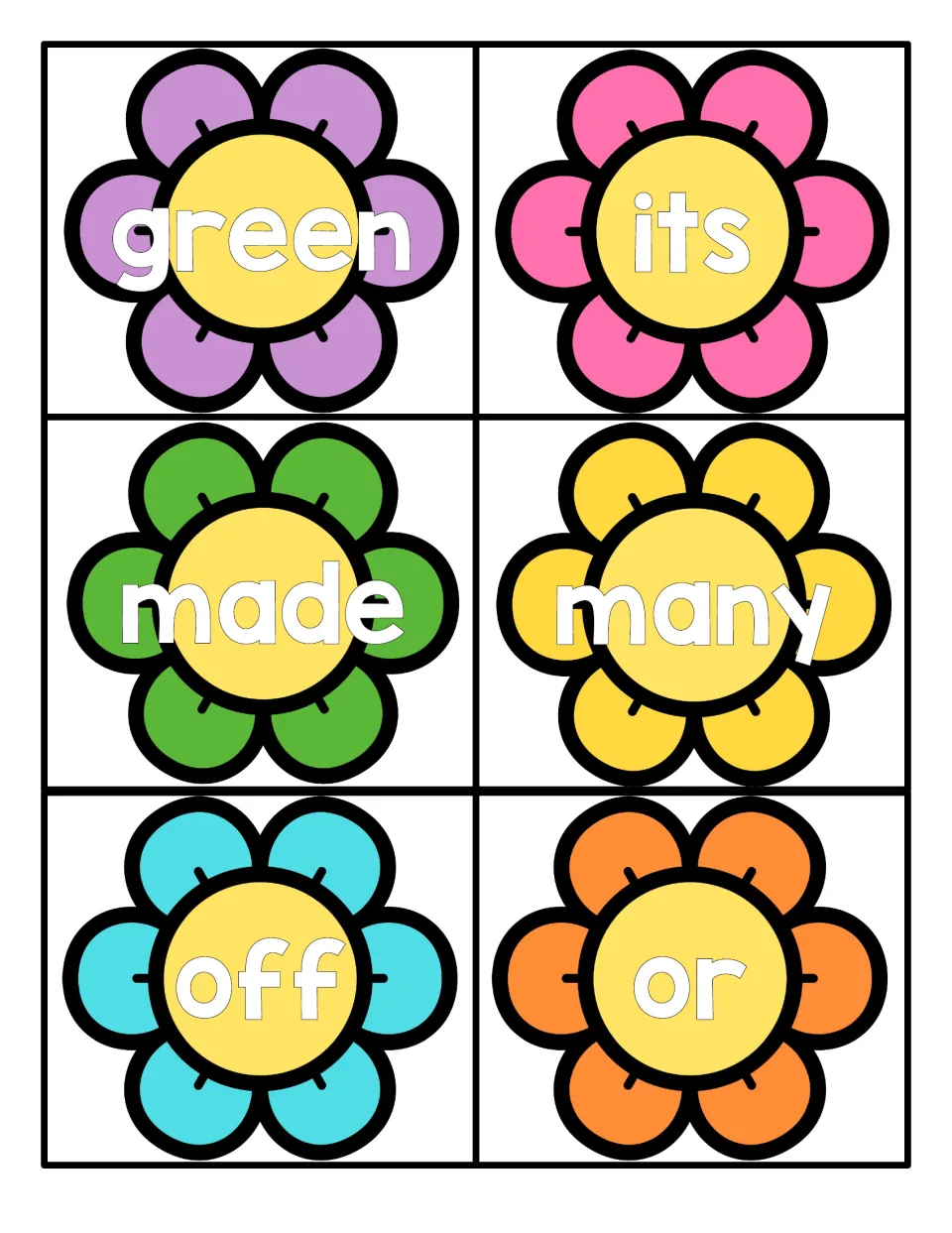 Sight word recognition cards showing green, its, made, many, off and or on six flowers for students to read aloud