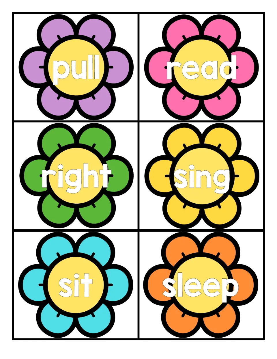 Spring flower word cards for sight reading practice with pull, read, right, sing, sit and sleep, one word per flower card