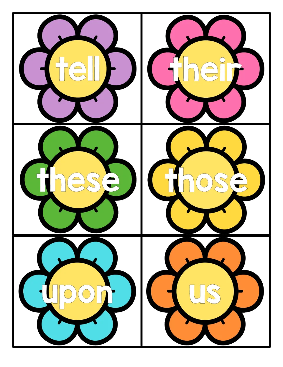 Sight word flower cards with tell, their, these, those, upon and us for students to practice reading each word on sight