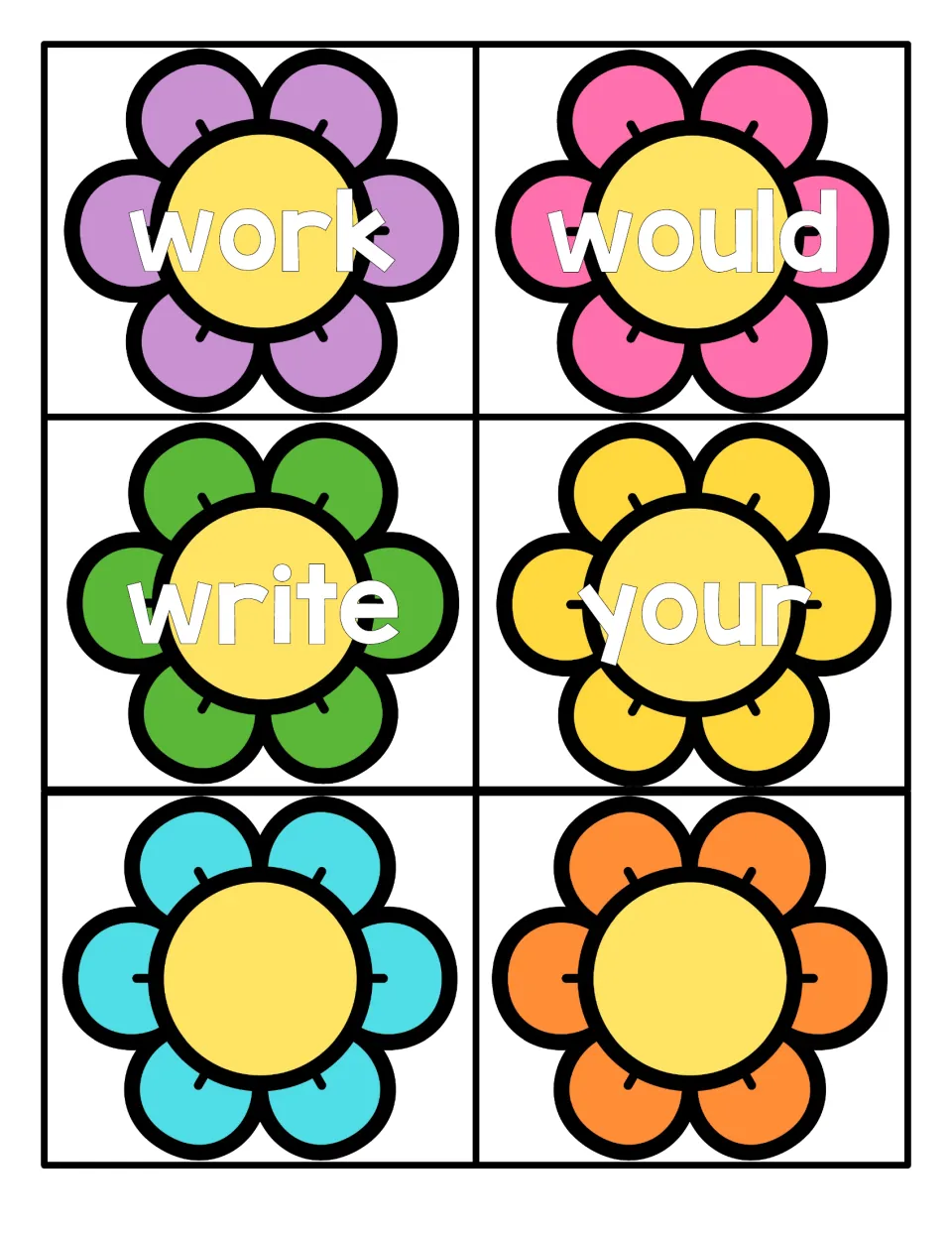 Final sight word flower cards to read: work, would, write and your, plus two blank flower cards with no word printed
