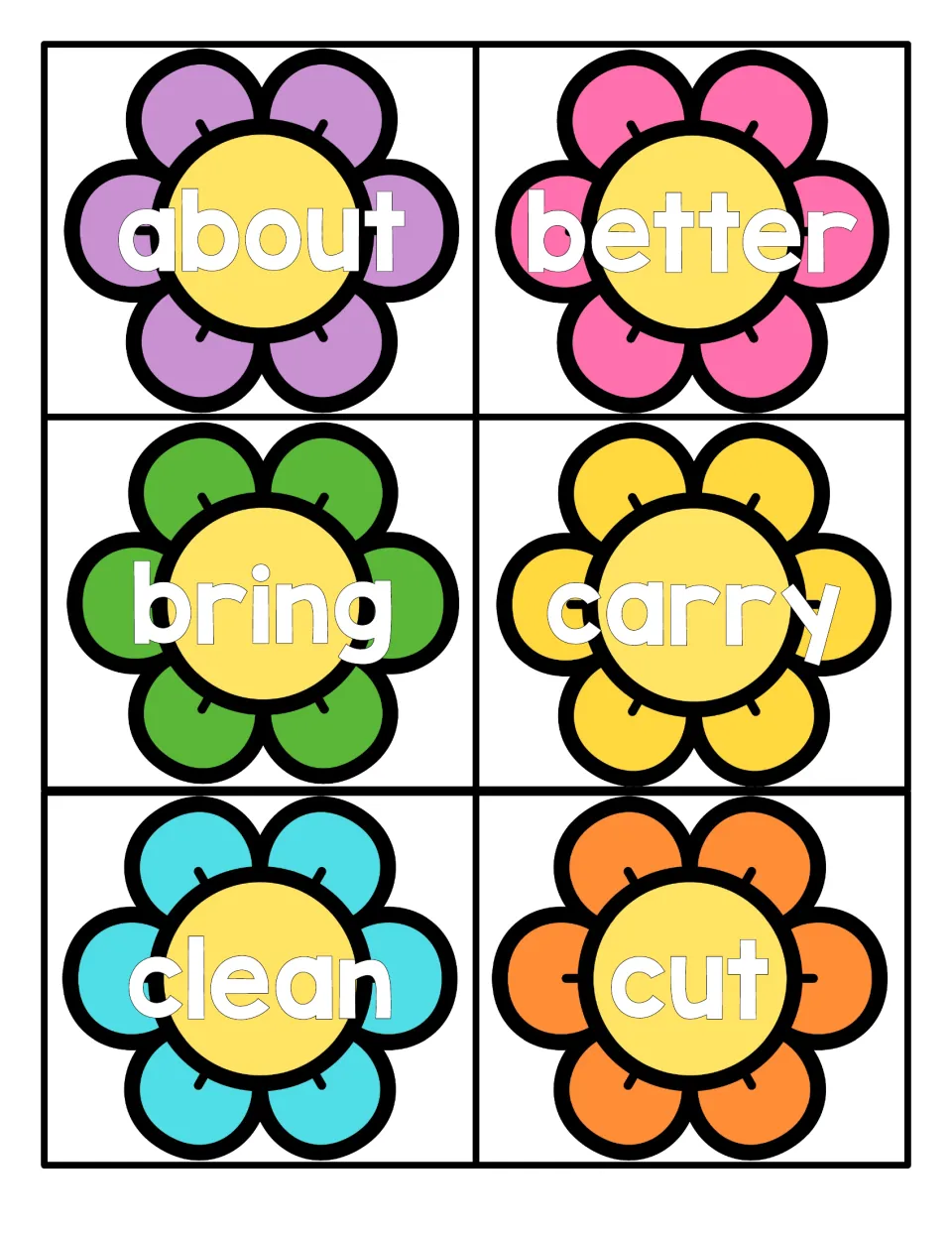 Sight word flower cards for reading practice: about, better, bring, carry, clean and cut, each word on a colored flower