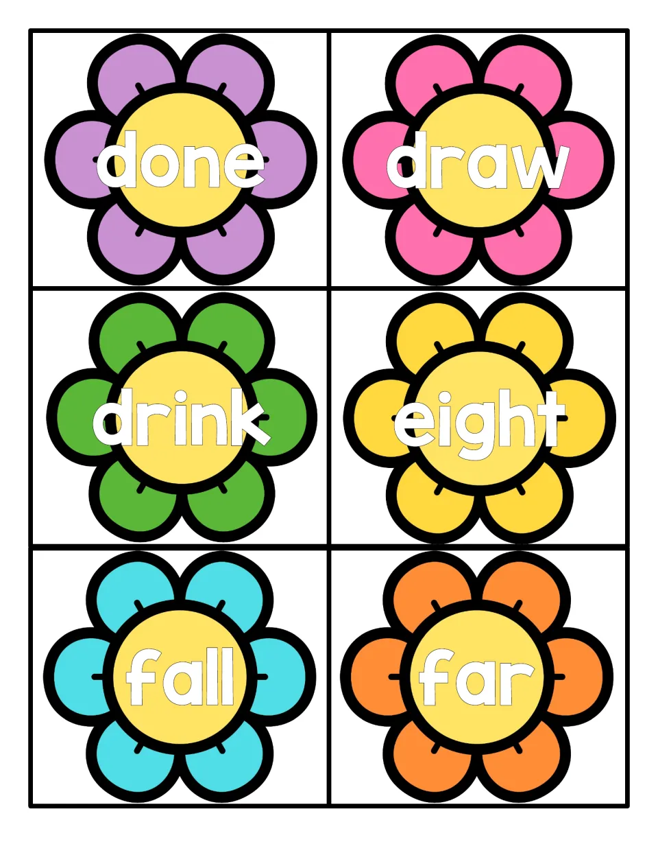 Spring flower cards for reading sight words done, draw, drink, eight, fall and far, one word in each flower's center