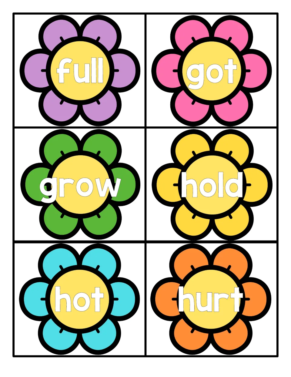 Flower flashcards for word recognition: students read full, got, grow, hold, hot and hurt, printed in white on flowers