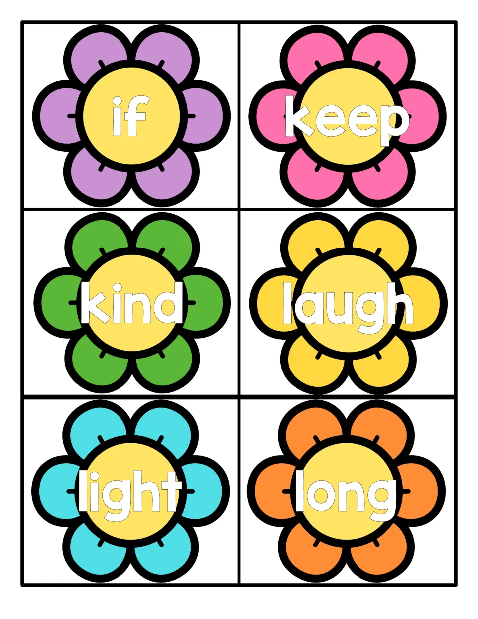Sight word reading cards with if, keep, kind, laugh, light and long, each printed on a different colored spring flower
