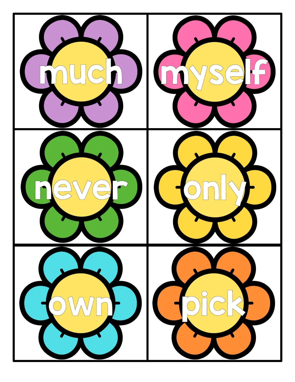 Flower cards for practising sight words much, myself, never, only, own and pick; students read each word aloud