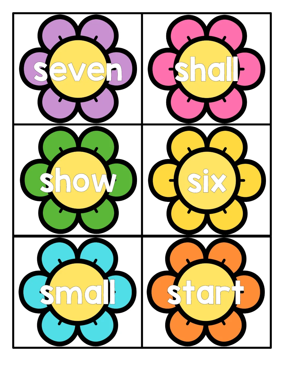 Flower word cards with seven, shall, show, six, small and start, including the number words six and seven to read