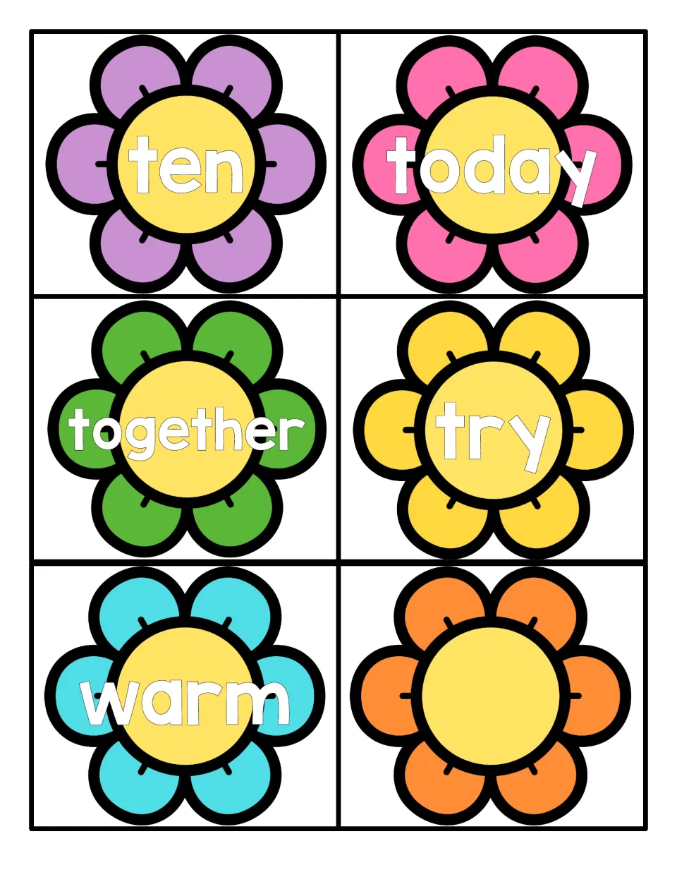 Last set of flower word cards: ten, today, together, try and warm to read, plus one blank flower card for an extra word