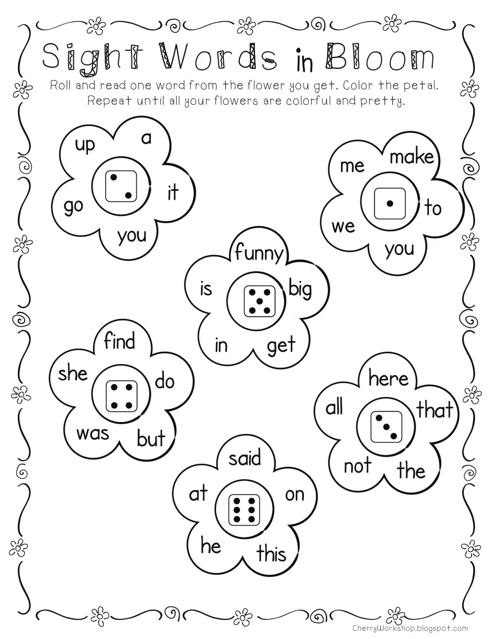 Sight word roll-and-color activity: six flowers with five words each, including up, make, funny, and said.